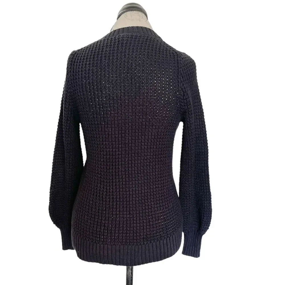 J.Crew Black Waffle Chunky Knit Sweater Balloon Sleeve Casual Small S Preppy